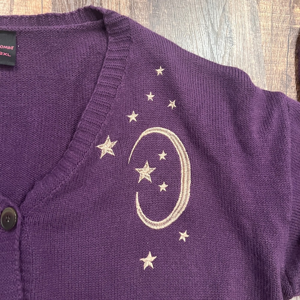 Romwe Hippie Moon & Star Pattern Drop Shoulder Cardigan Embroidered Cropped 2XL - Picture 4 of 9